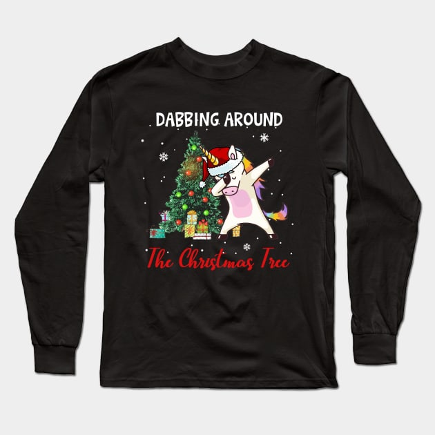 Dabbing Unicorn Around The Christmas Tree Funny Long Sleeve T-Shirt by TeeSky